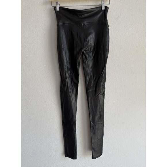 SPANX Faux Leather Moto Leggings Tummy Control Black Womens Size Medium Mid Rise - Picture 2 of 8